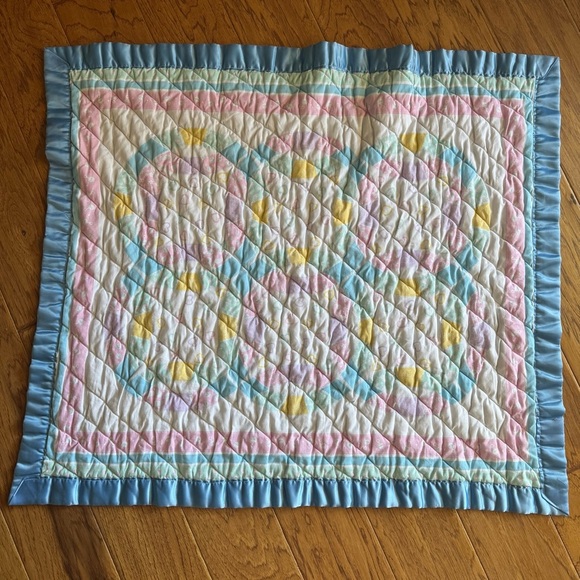Other - Vintage Satin Trim Quilted Baby Blanket White Blue Yellow Green Pink Plaid 40x34